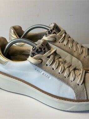 Cole Haan GrandPrø Topspin W22754 White Leather Gold Leopard Sneakers 8B
